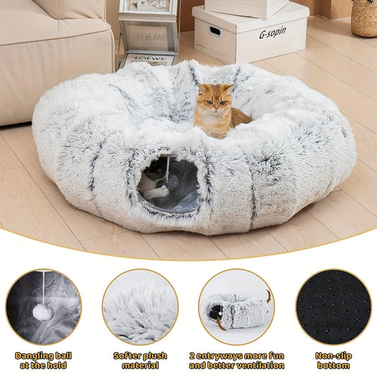 Katzen-Tunnel mit Kissen – Langes Plüsch-Katzenbett, Tiefschlaf-Tunnel, abnehmbar und waschbar, multifunktional und verbindbarer Katzen-Durchgang