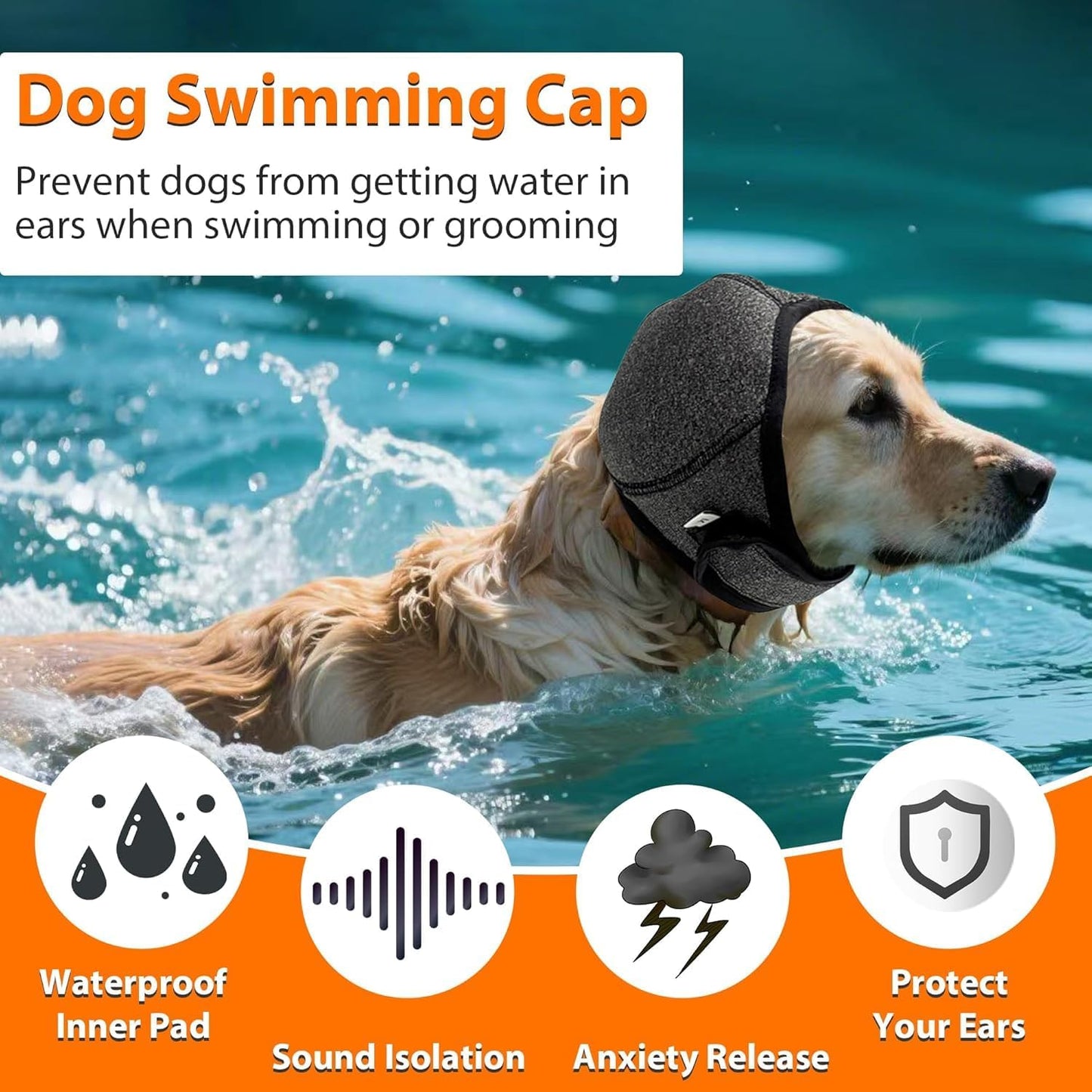 Dog Calming Hoodie Ear Wraps for Dogs, Waterproof Dogs Swim Cap, Pet Ear Cover Muffs for Anxiety Relief Noise Cancelling, Doggy Head Warp Ear Protection for Hematoma Fireworks Bath Swim Blow Drying, L