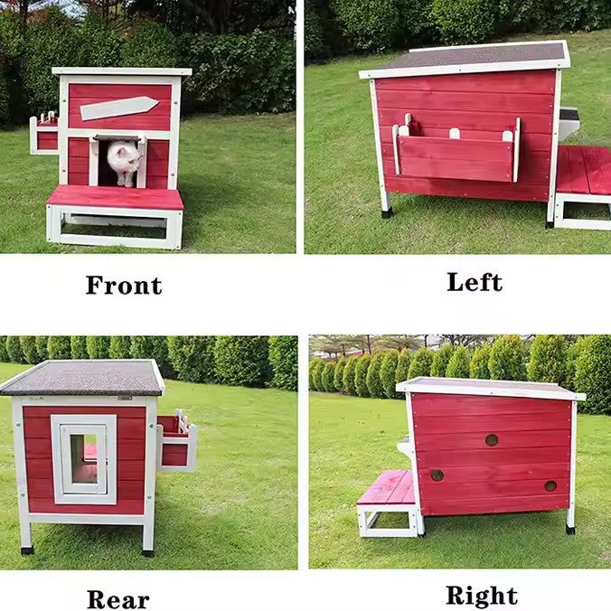 Four-Season Universal Cat House - Outdoor Double-Layer Solid Wood Cat Villa for Indoor & Stray Cats