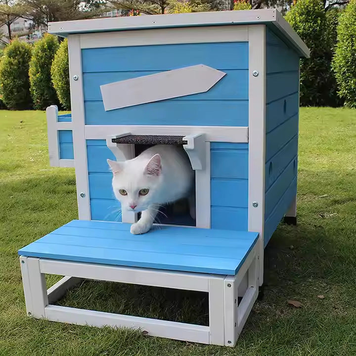 Four-Season Universal Cat House - Outdoor Double-Layer Solid Wood Cat Villa for Indoor & Stray Cats