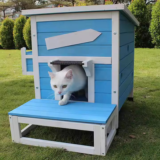 Four-Season Universal Cat House - Outdoor Double-Layer Solid Wood Cat Villa for Indoor & Stray Cats